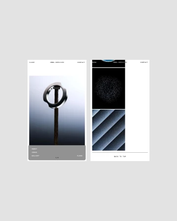 Digital art showcases an abstract ring object on a stick with website screenshots featuring simple text and geometric shapes in gray.