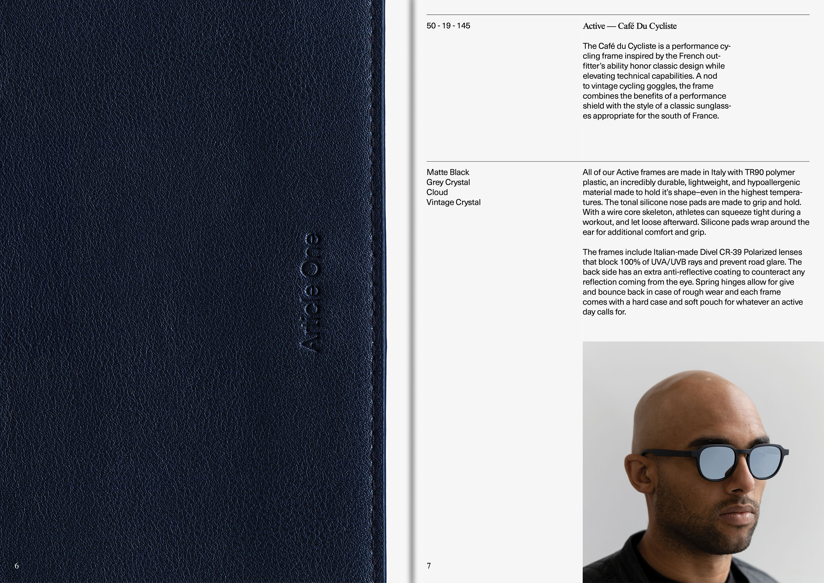 Close-up studio shot of a man wearing Article One sunglasses next to a page detailing the frame design and available colors.