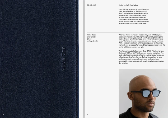 Close-up studio shot of a man wearing Article One sunglasses next to a page detailing the frame design and available colors.