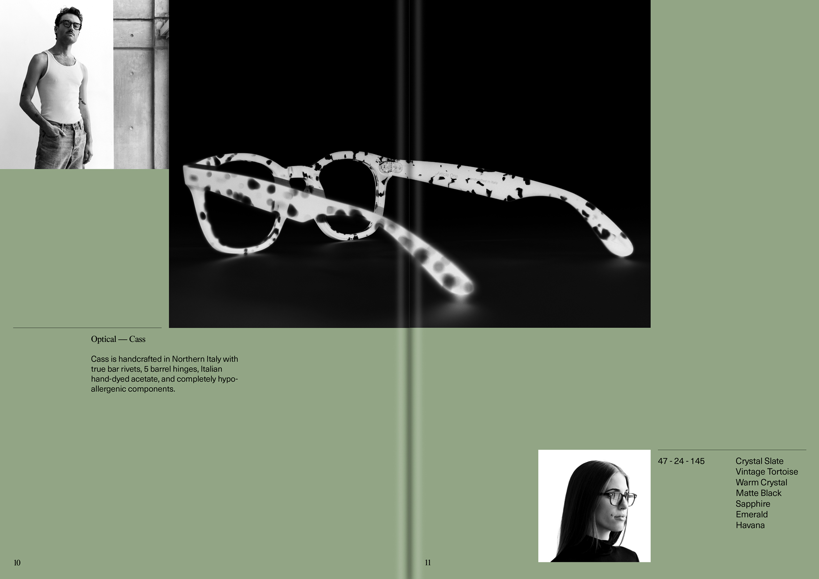 Black and white split-page ad features a man in jeans, eyeglasses with spotted frames, and a woman with dark hair wearing eyeglasses.