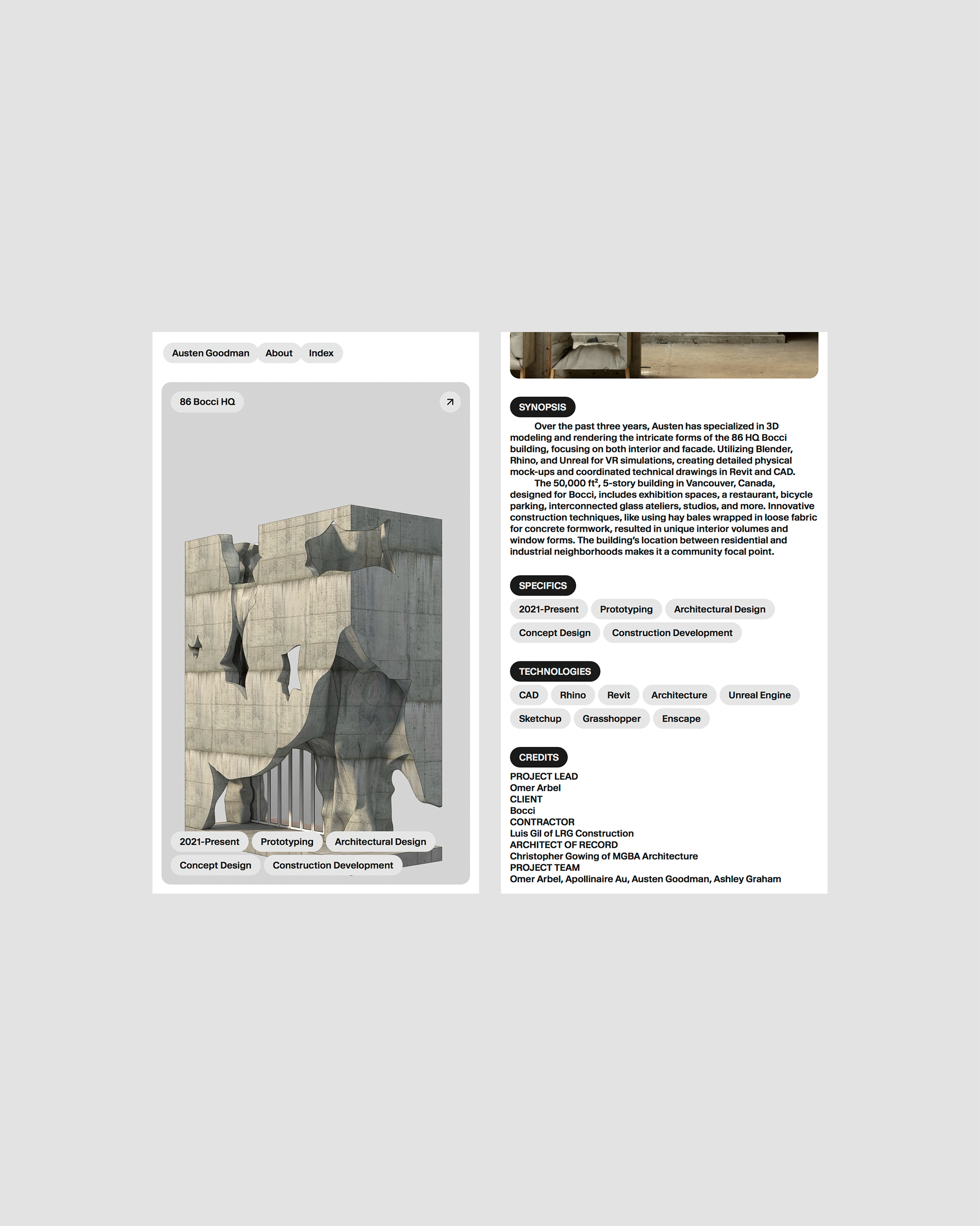 Architectural rendering of the 88 Boozi HQ building with a deconstructed concrete facade and an adjacent text interface panel.