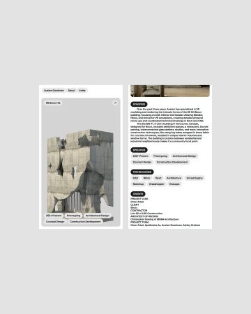 Architectural rendering of the 88 Boozi HQ building with a deconstructed concrete facade and an adjacent text interface panel.