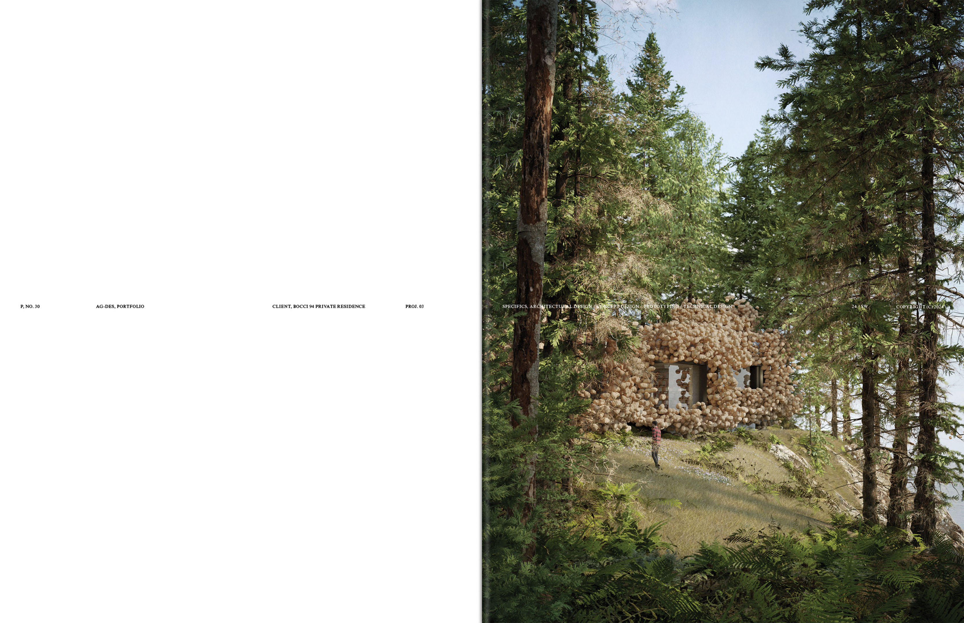 Architectural visualization of a house structure covered in organic-looking material, nestled within a dense forest setting on a slight hill.