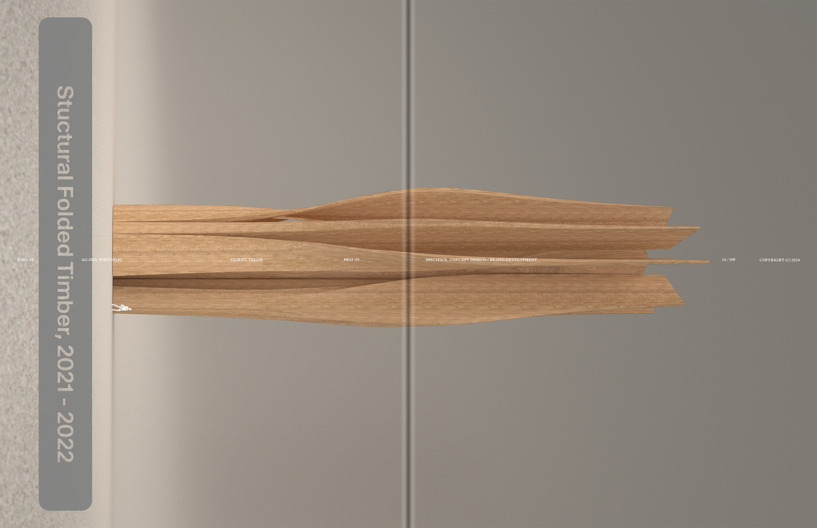 Tall, abstract sculpture with vertical wood strips, creating an organic, botanical form, softly lit on a neutral gray background.