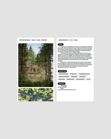 Architectural web page showcases a house in the forest, emphasizing modern design integrated with nature and site capabilities.