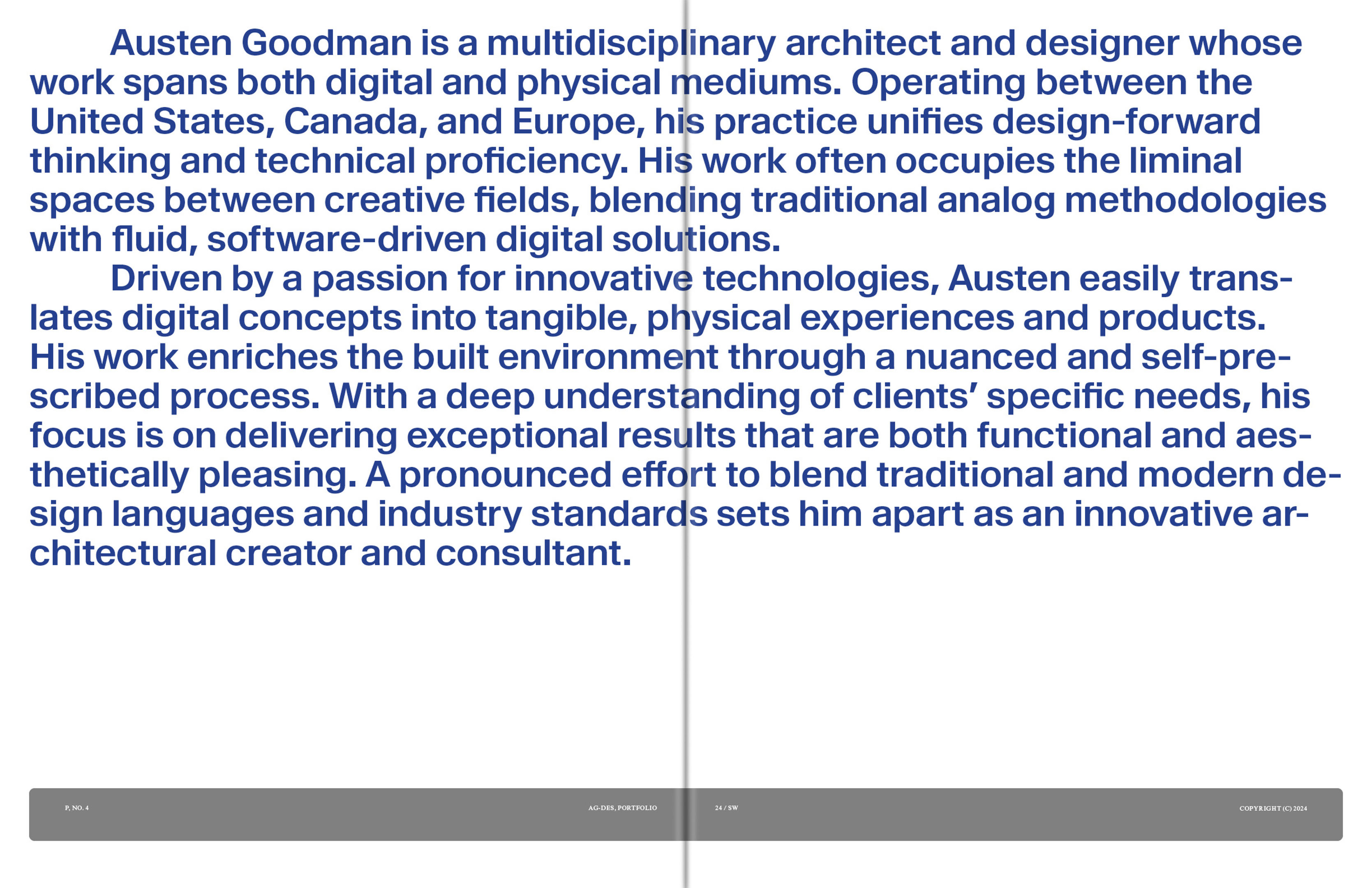 Text showcases Austen Goodman, multidisciplinary architect and designer, highlighting their expertise in digital and physical mediums, design thinking, and technical proficiency.