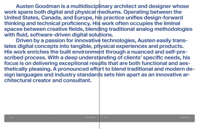 Typographic biography text layout for architect Austen Goodman set in blue sans-serif typeface on a clean white background.