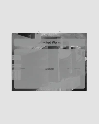 Monochromatic website interface mockup with translucent overlay cards and architectural imagery titled Selected Works.