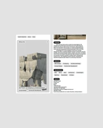 Digital portfolio website layout showing a sculptural concrete architectural render alongside project synopsis text and UI pills.
