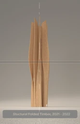 3D architectural render of a towering folded timber wooden structure with a tiny human scale figure on a neutral background.