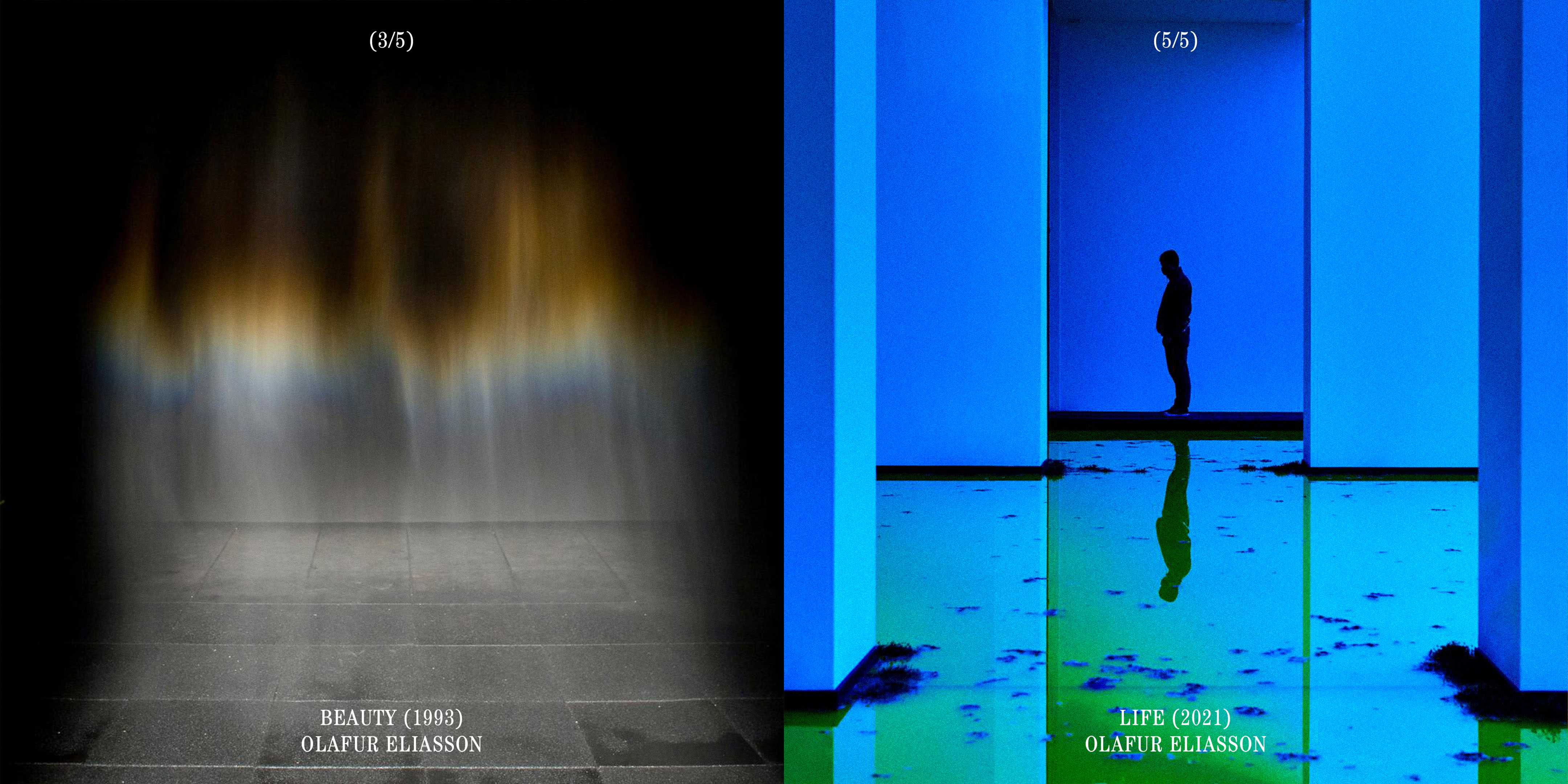 Olafur Eliasson diptych. On the left, blurred golden light over a gray floor. On the right, a dark silhouette against a blue wall and water.