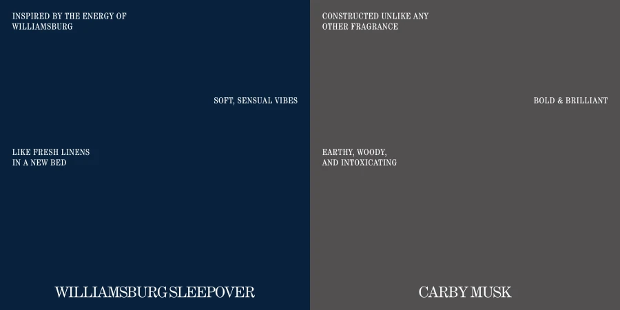 Product shot featuring two fragrance brands with text overlays: Williamsburg Sleepover on navy, Carby Musk on gray.