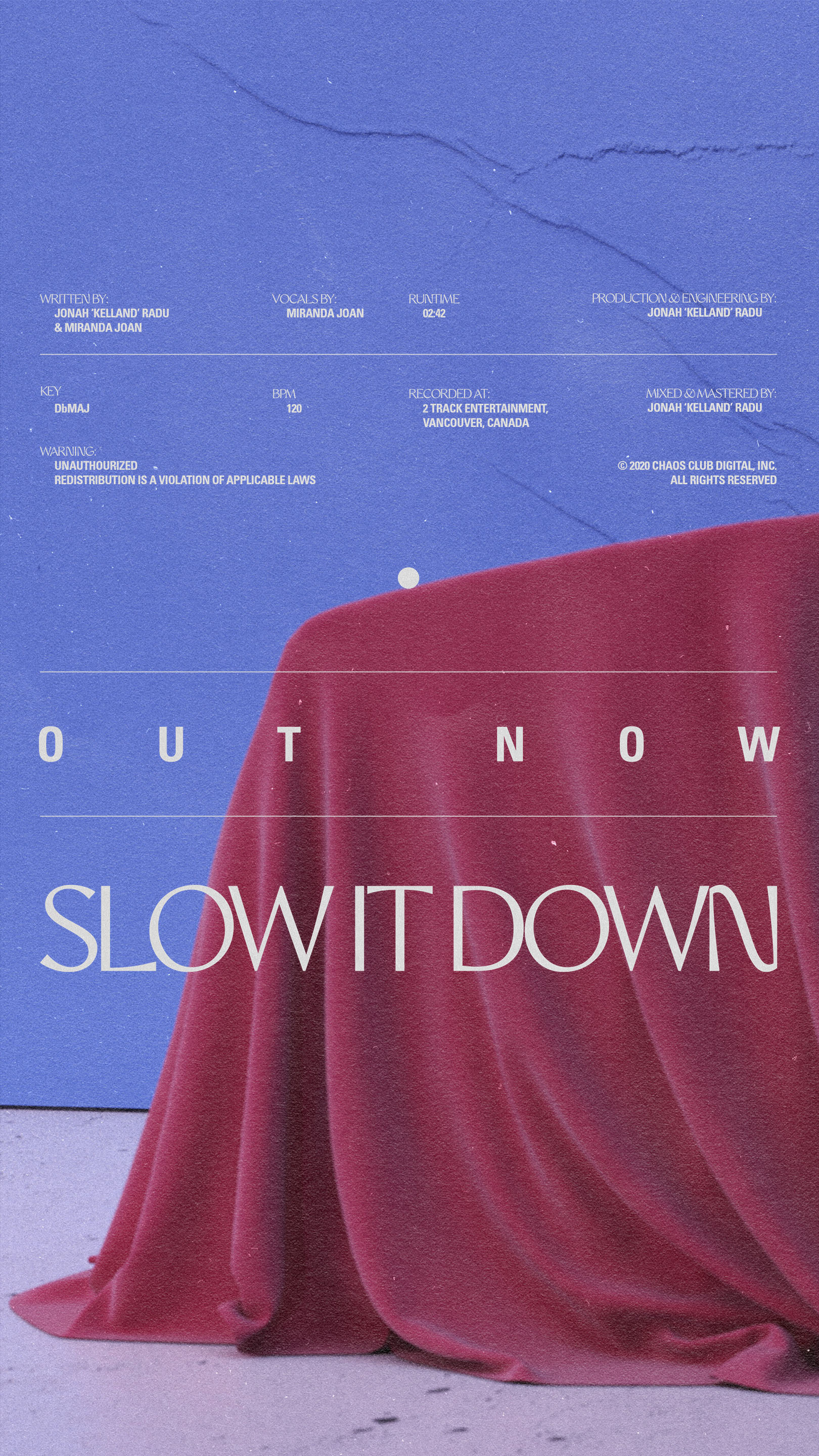 Artistic album cover features a draped red cloth over 'Out Now' and 'Slow It Down' typography on a blue textured surface.