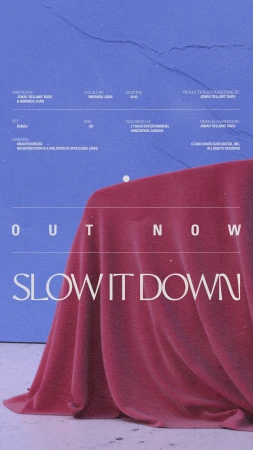Artistic album cover features a draped red cloth over 'Out Now' and 'Slow It Down' typography on a blue textured surface.