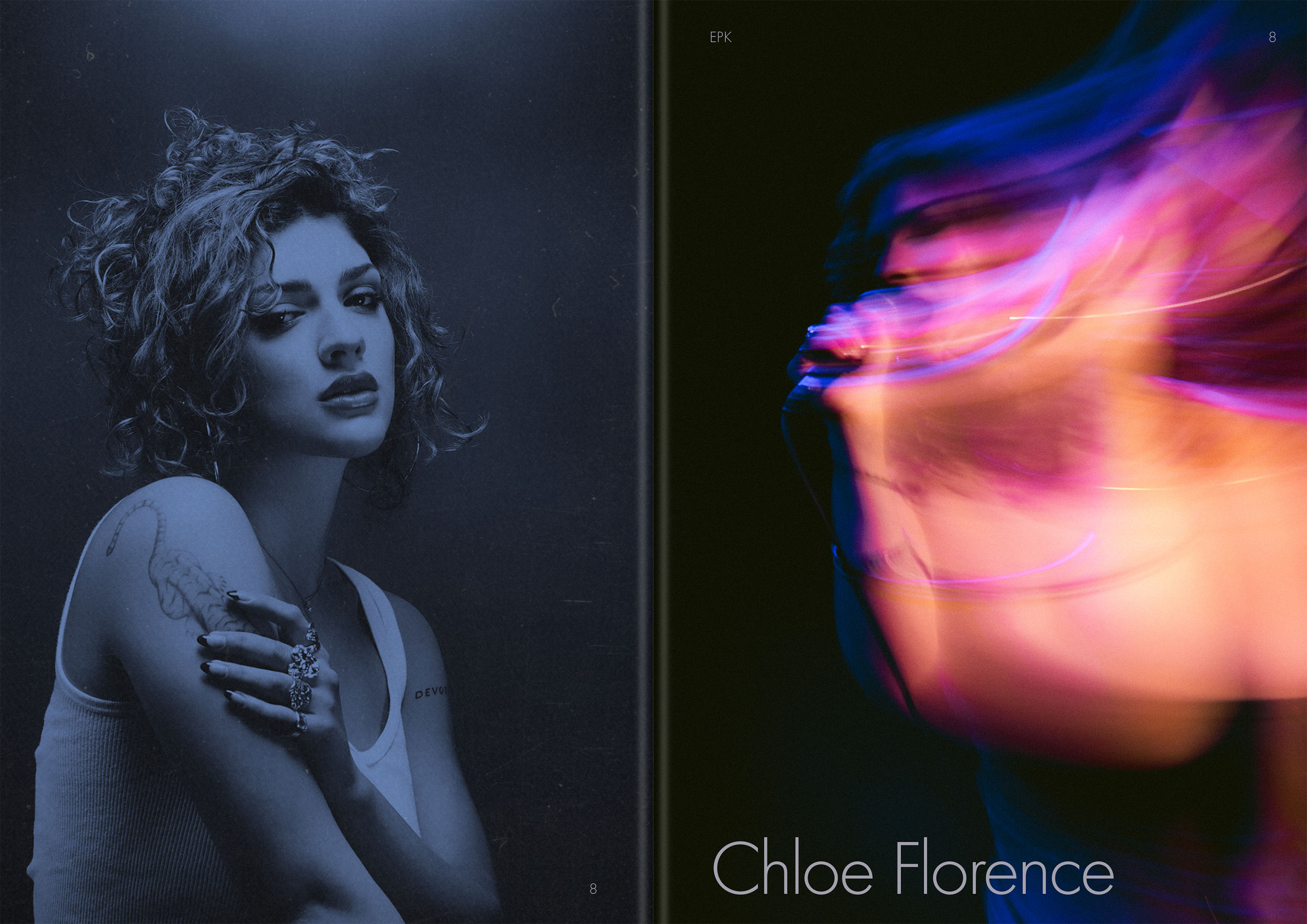 Artistic composition with a woman in a blue tone, alongside a blurred, motion-filled abstract portrait in vibrant pinks and blues.