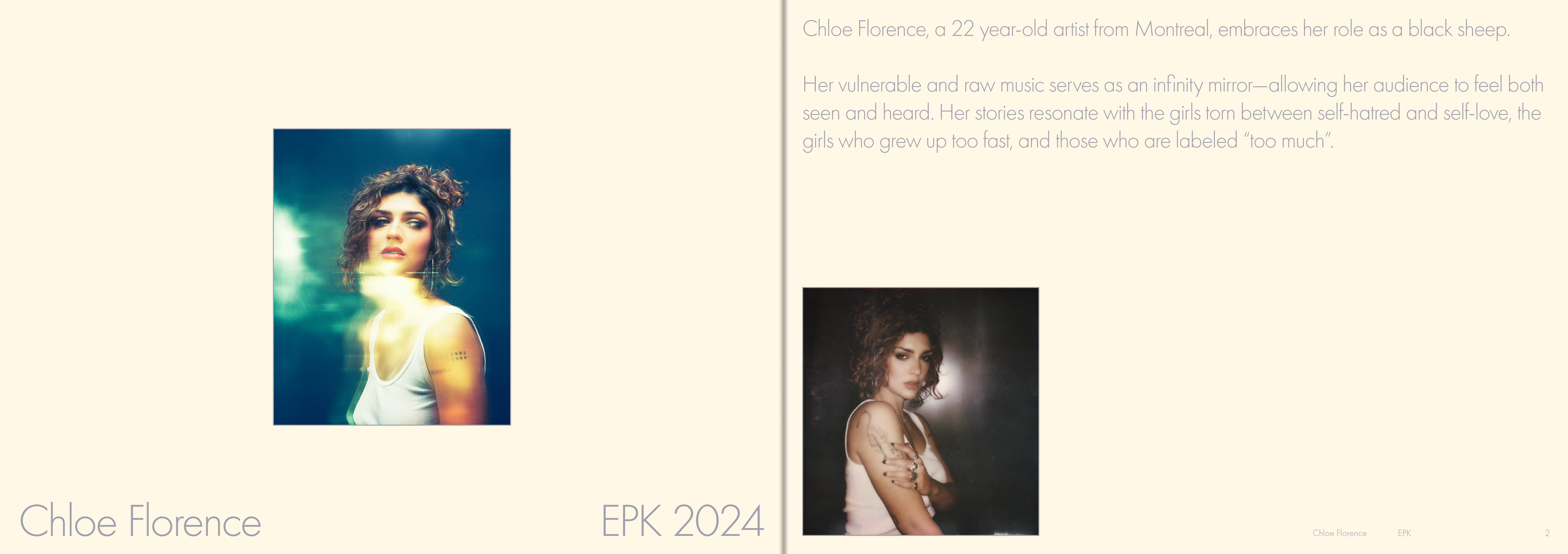 Two portraits of Chloe Florence, 22-year-old artist from Montreal, in a music promotional image with a teal and yellow background.