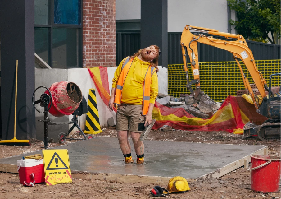 Construction worker in personal protective equipment standing on wet concrete at a construction site with heavy machinery in the background.