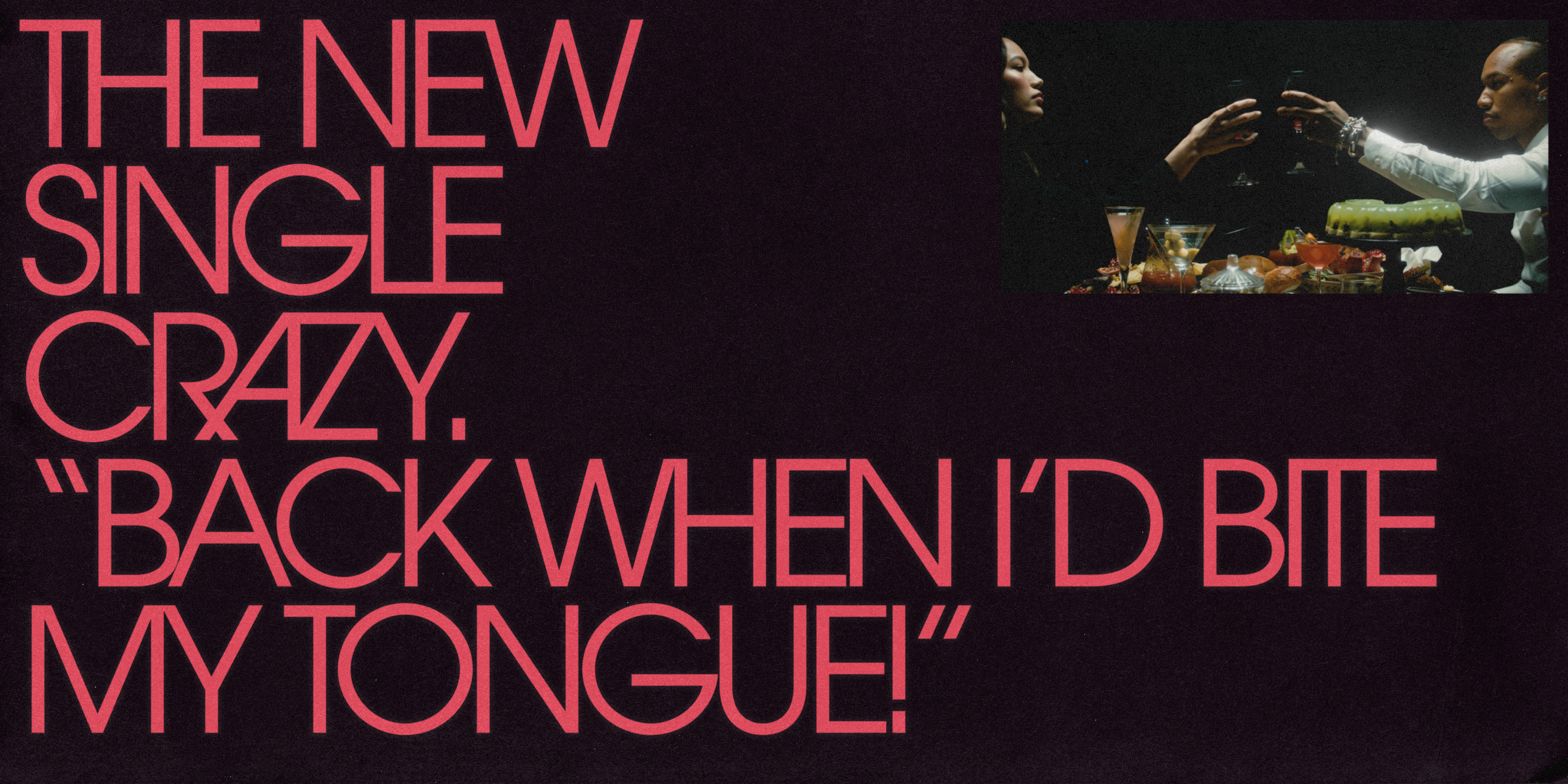 Promotional image for The New Single Crazy, featuring two people at a table with drinks, against a dark pink background.