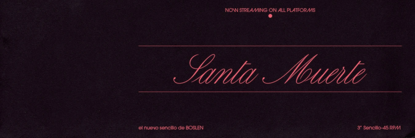 Album cover art for "Santa Muerte" by Boslen features stylized pink text on a dark purple background, with promotional text above and below.