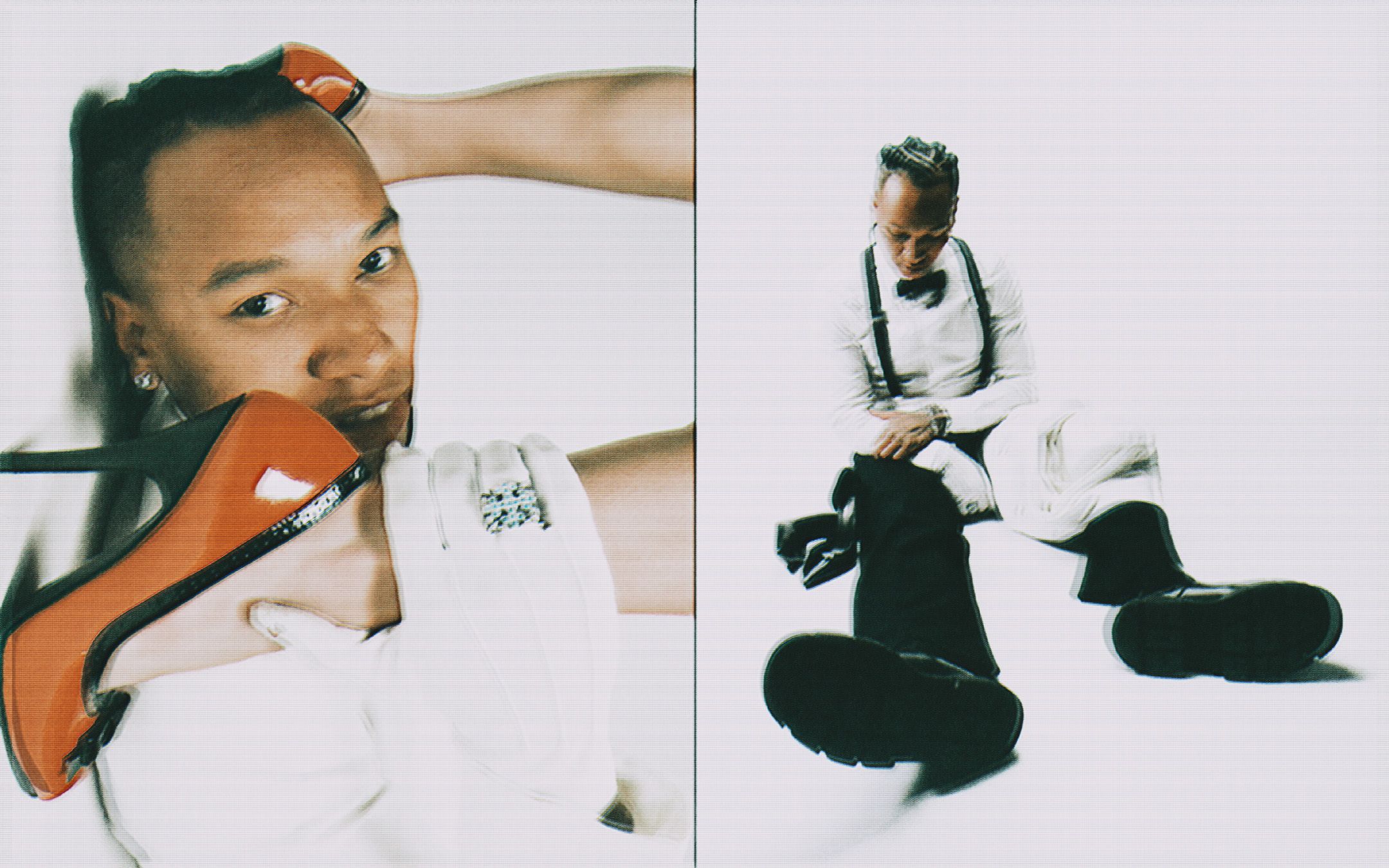Close-up of an adult with short hair holding a red patent leather high heel in his mouth, wearing a white shirt, black suspenders, and rings.