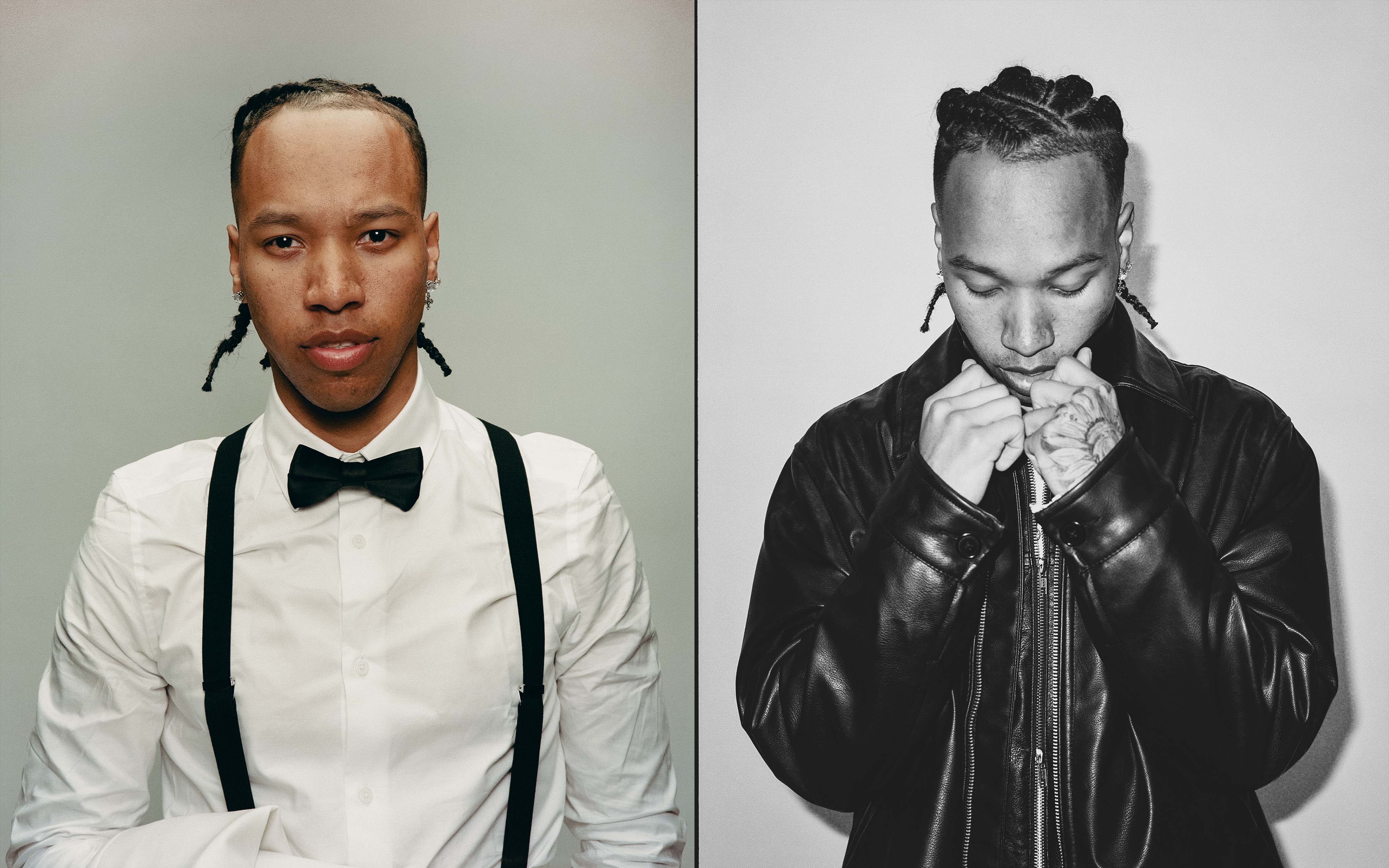 Split-image portrait of a stylish adult male with a bow tie in color and a leather jacket in black and white against plain backdrops.