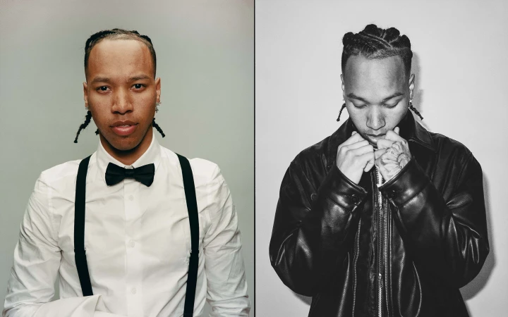 Split-image portrait of a stylish adult male with a bow tie in color and a leather jacket in black and white against plain backdrops.