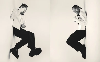 Black and white diptych of a man in formal wear and black boots posing against a white wall in two dynamic angled compositions.