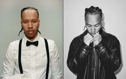 Diptych portrait of Boslen in a white dress shirt with suspenders beside a shot in a black leather jacket against studio backdrops.