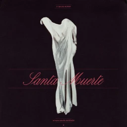 Draped white fabric sculpted like a standing silhouette against a black background with pink Santa Muerte script typography.