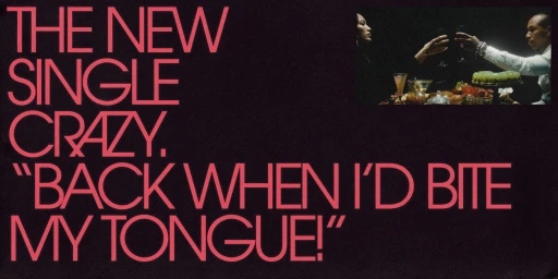 Pink typographic layout on black background featuring a banquet dining scene where two people toast with wine glasses.