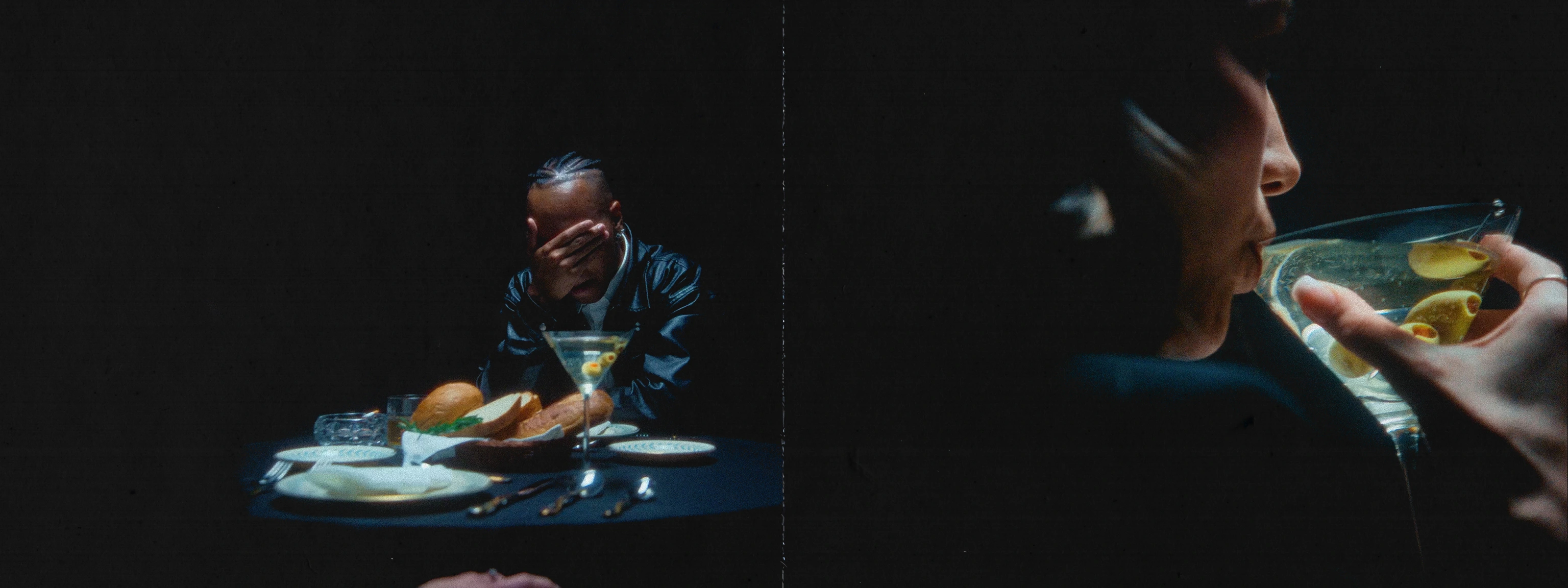 Cinematic diptych split image showing a man covering his face at a table on the left, and a woman drinking a martini on the right.