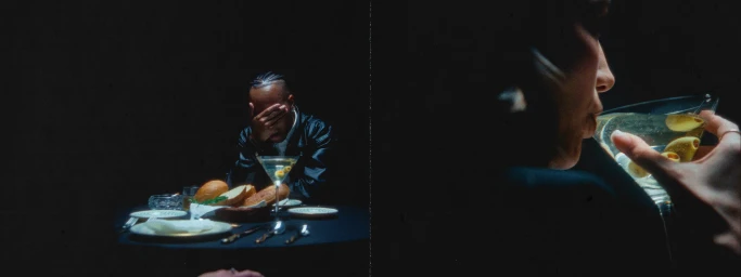 Cinematic diptych split image showing a man covering his face at a table on the left, and a woman drinking a martini on the right.