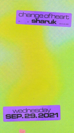 Colorful graphic art poster with an abstract tie-dye background and date Wednesday, September 29, 2021, and the word 'Sharuk'.