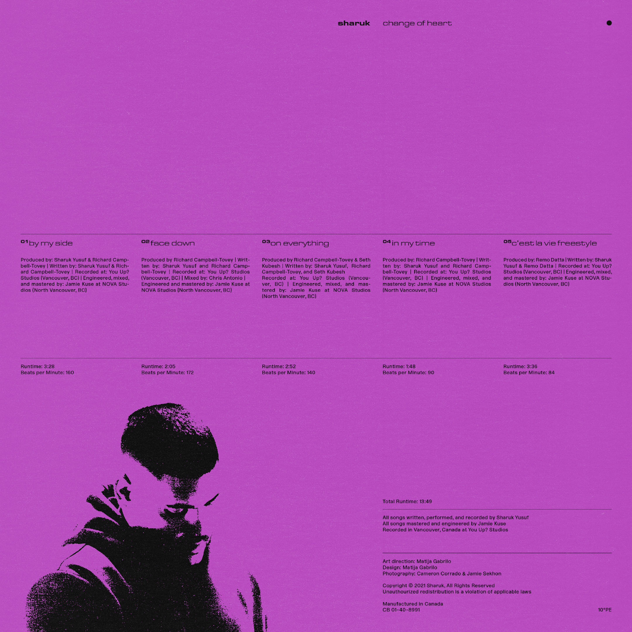 Monochromatic portrait of Sharuk for 'Change of Heart' album. Musician in hooded sweatshirt against purple background, with album credits text.