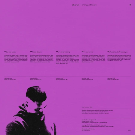 Monochromatic portrait of Sharuk for 'Change of Heart' album. Musician in hooded sweatshirt against purple background, with album credits text.