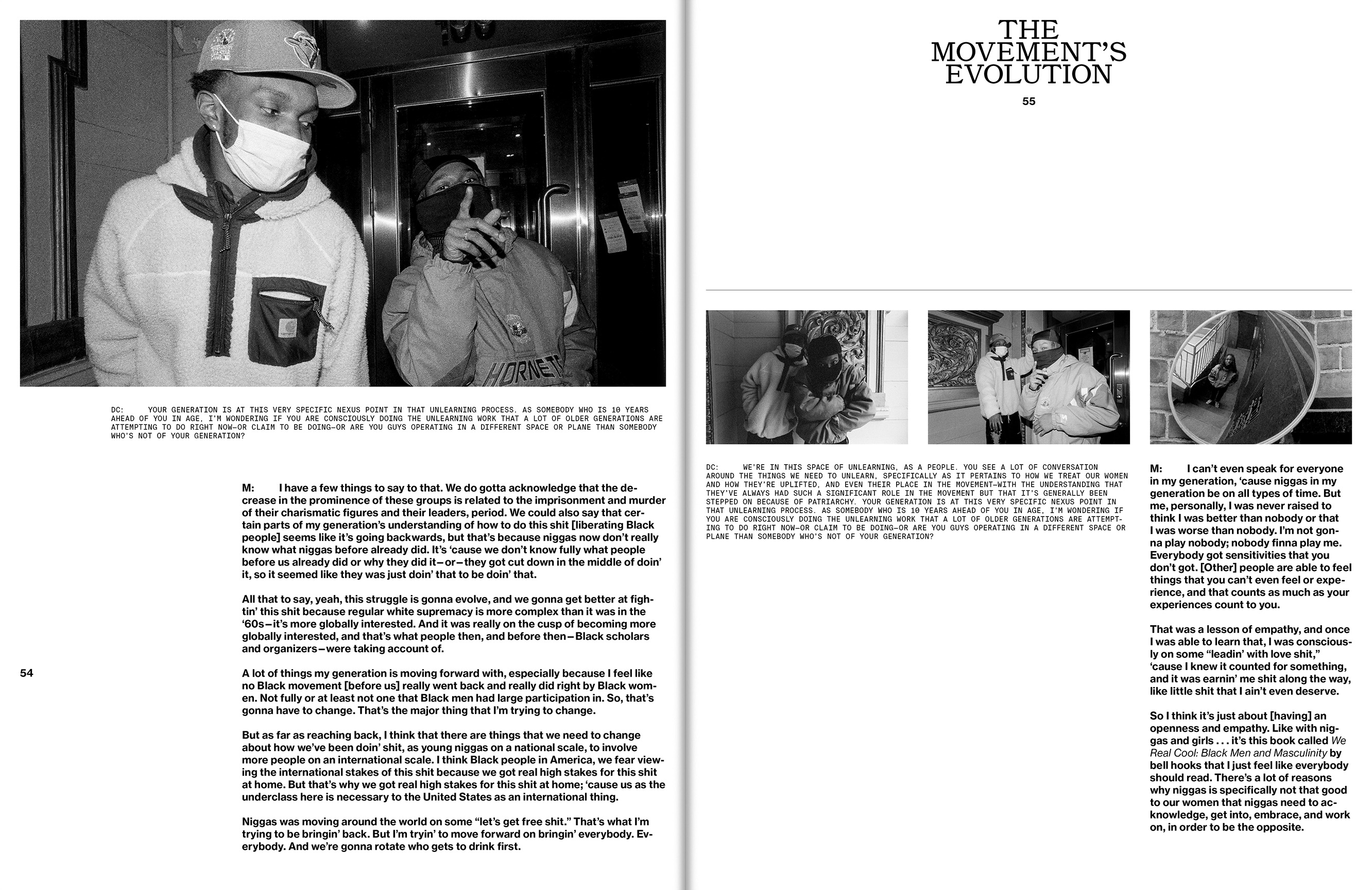 Two people in black and white near an elevator, wearing masks and casual clothing, photographed at eye-level, possibly a fashion editorial.