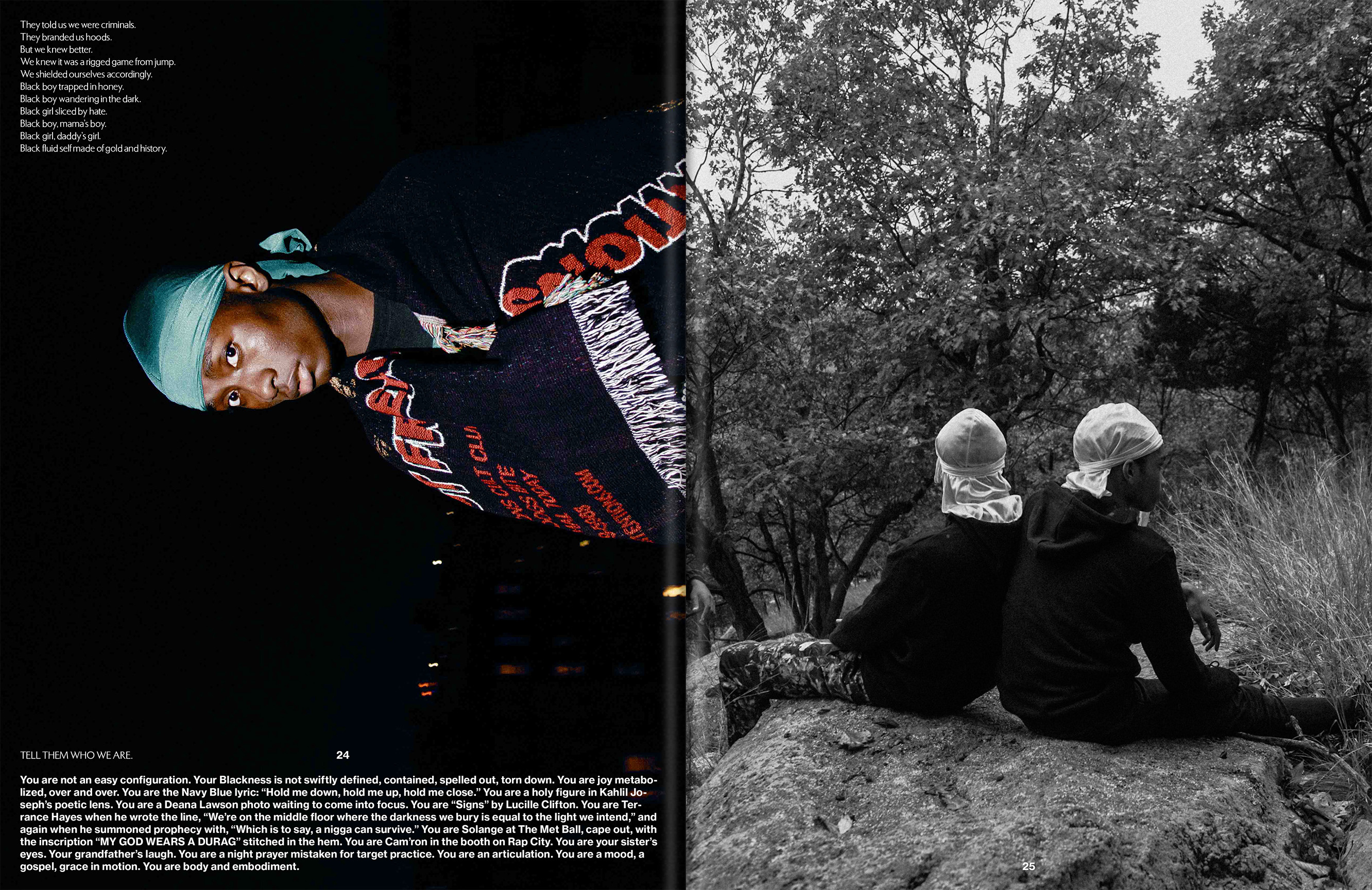 Magazine spread: a young Black man in a blue durag and graphic shirt stands next to a monochrome scene of two people in durags.