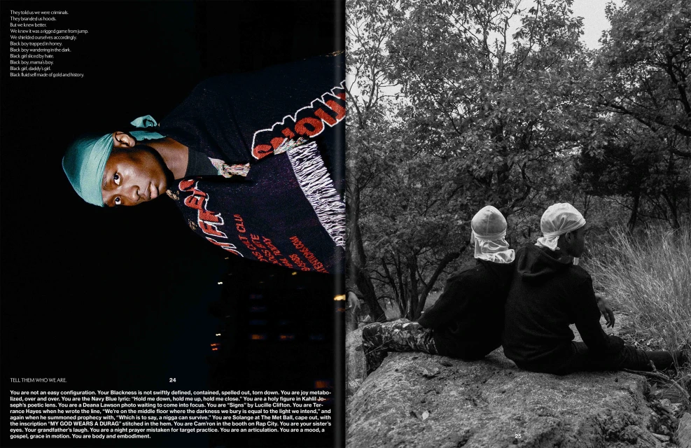Magazine spread: a young Black man in a blue durag and graphic shirt stands next to a monochrome scene of two people in durags.