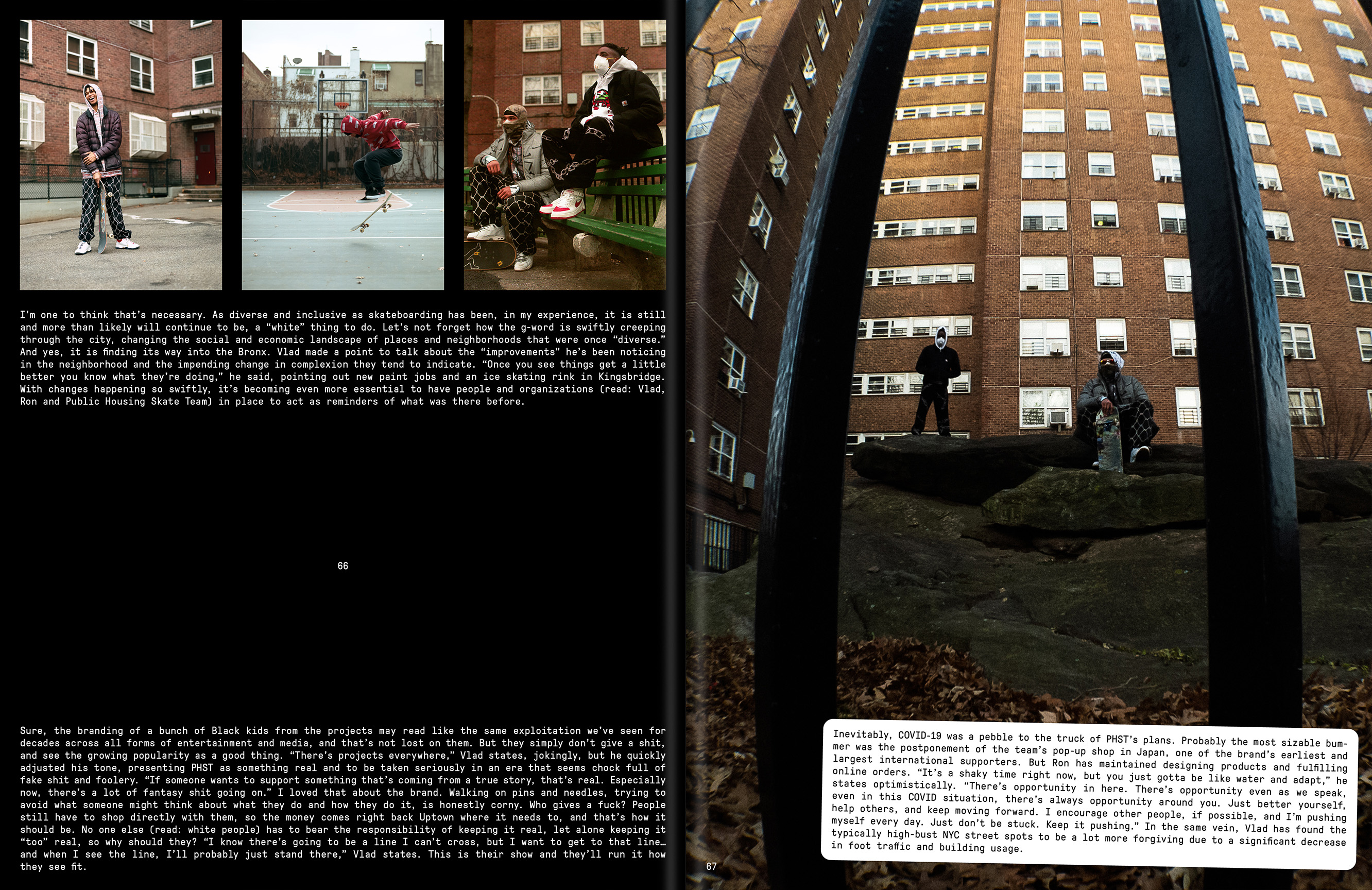 Photographic editorial featuring skateboarders in an urban setting with brutalist architecture. Three men appear with skateboards in different poses.