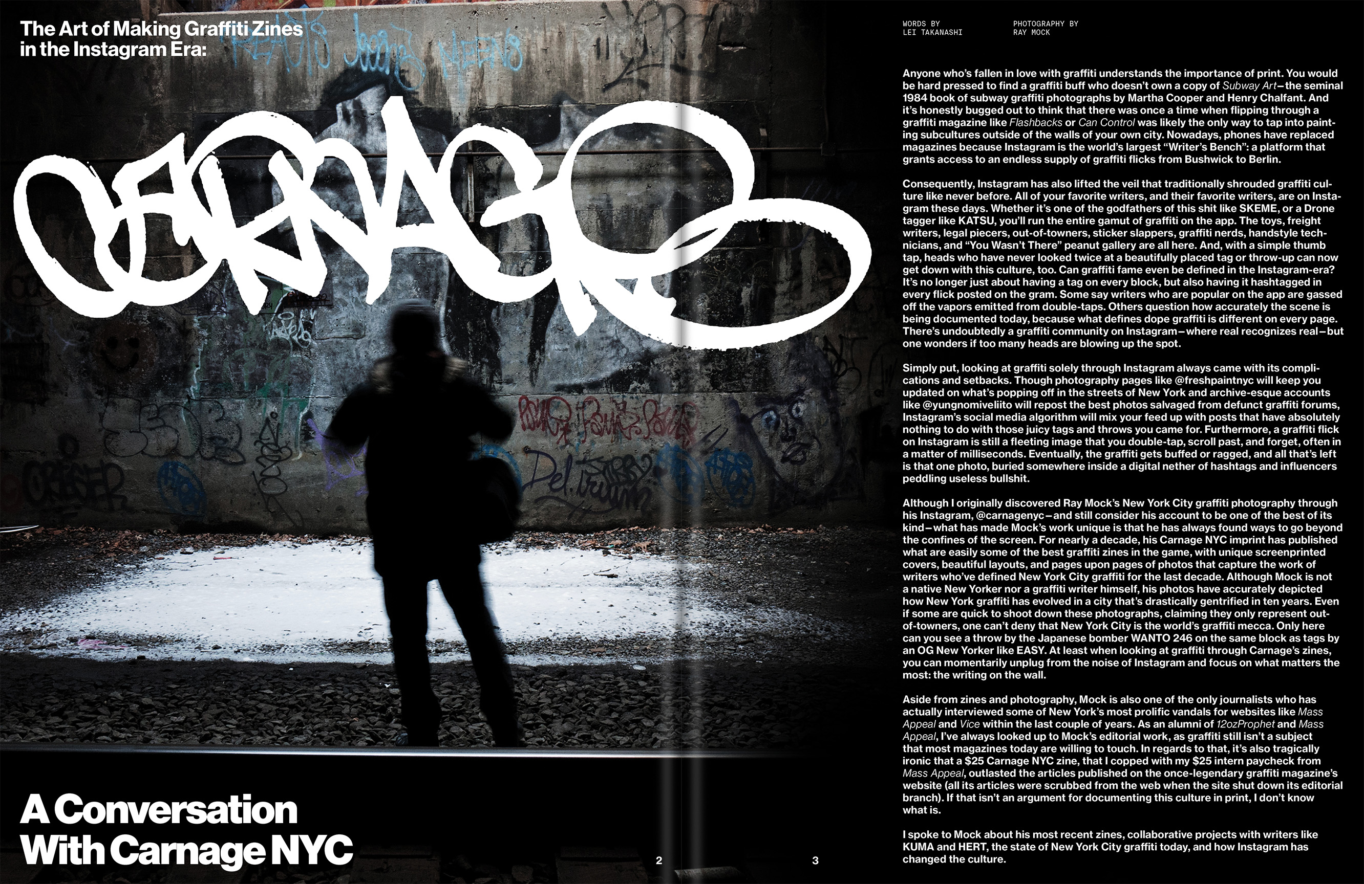 Person stands before graffiti-covered wall, adorned with 'Carnage' tag, creating urban contrast amid zine culture discussion in magazine spread.