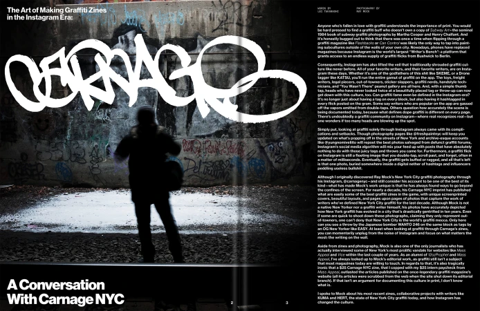 Person stands before graffiti-covered wall, adorned with 'Carnage' tag, creating urban contrast amid zine culture discussion in magazine spread.