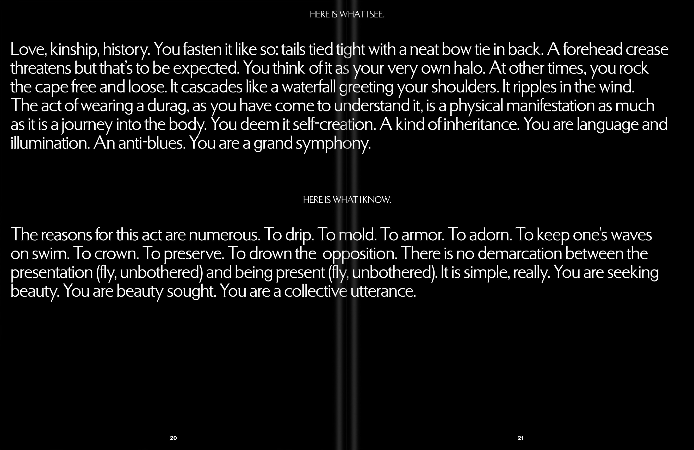 Black background with white text excerpts on love, self-creation, and beauty, inviting contemplation and reflection. Poetic visual.