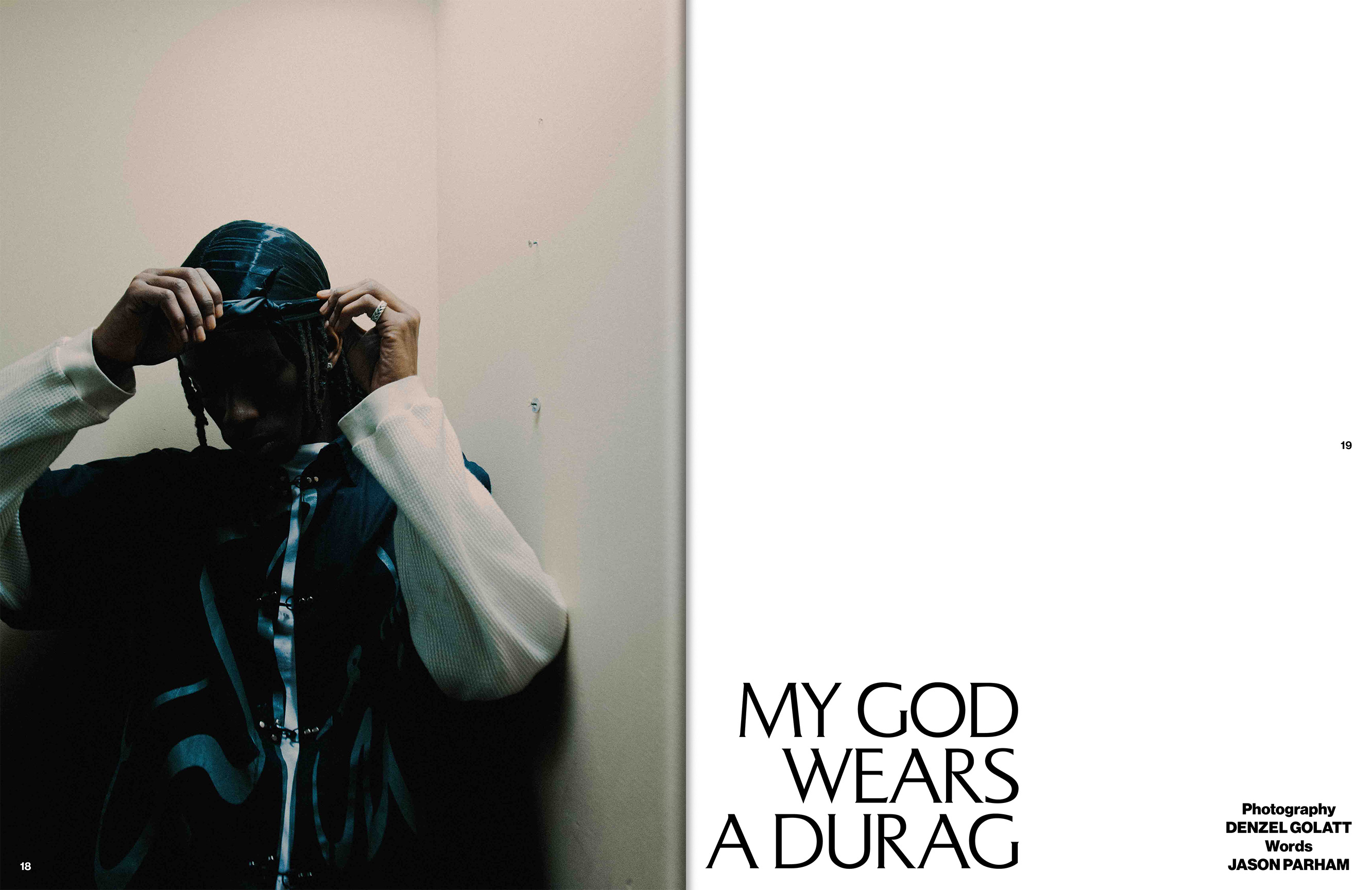 Editorial fashion portrait of an androgynous person wearing a white waffle weave shirt and a blue buttoned vest and a durag indoors.