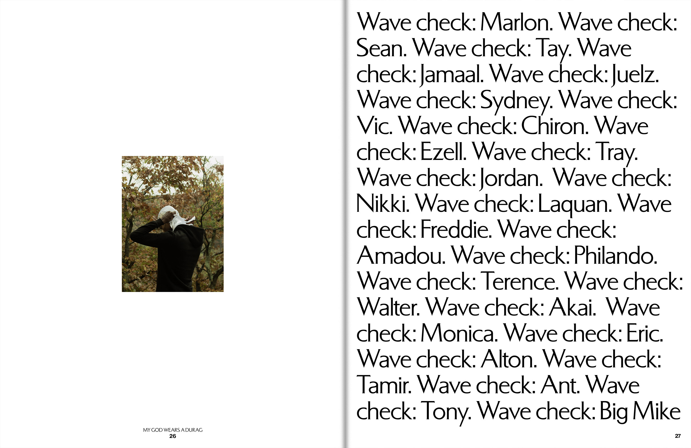 Man in dark hoodie adjusting a white durag in a forest setting, viewed from behind, book spread with text on the opposing page.