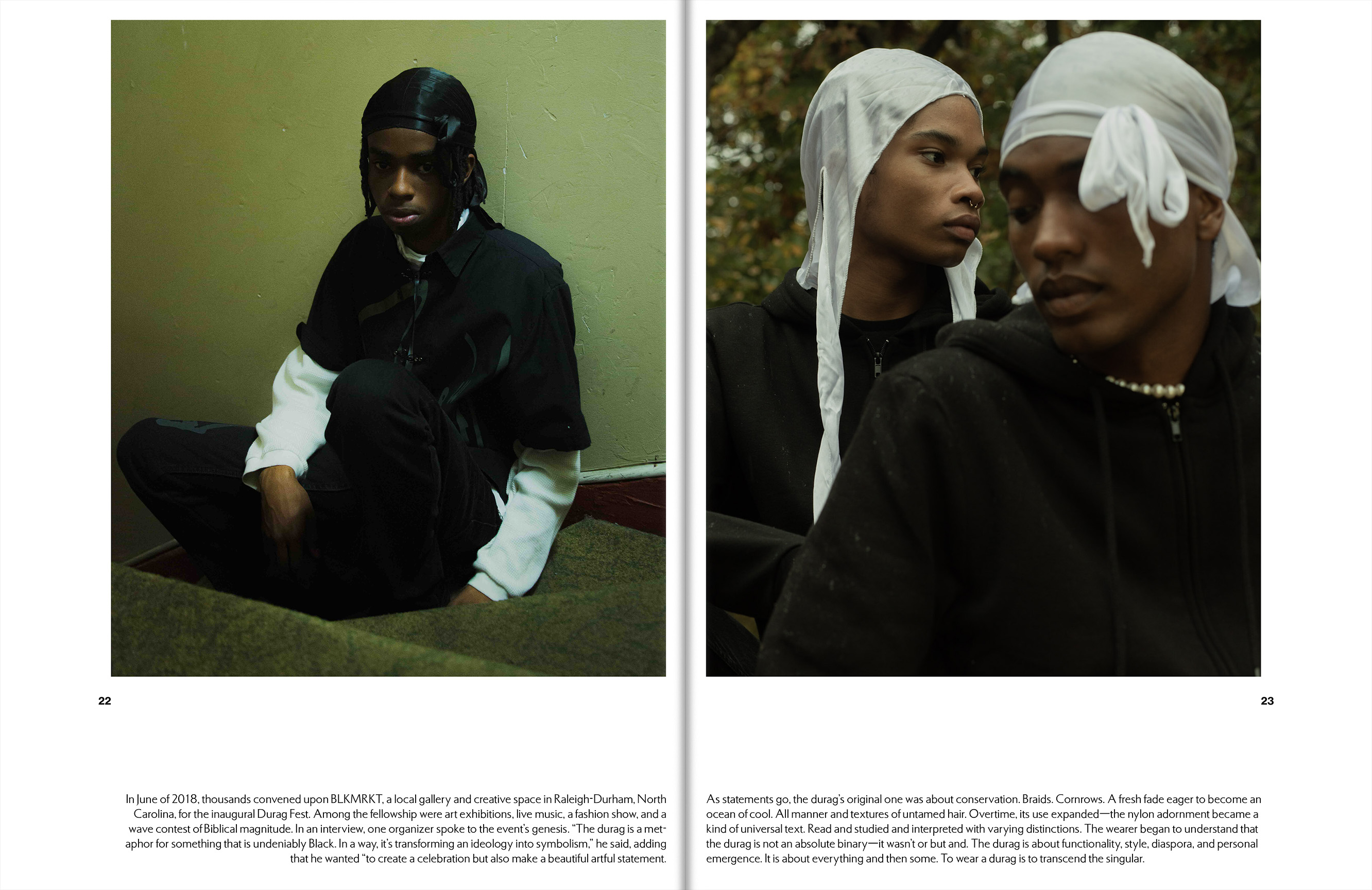 Two young Black men wearing durags in fashion editorial. One sits inside on stairs and the other outside in nature.