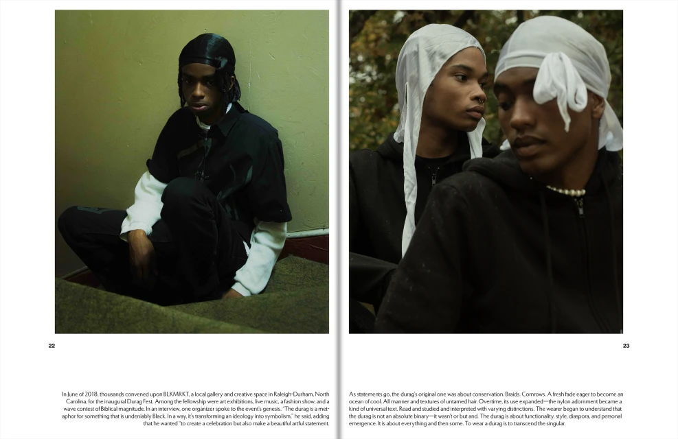 Two young Black men wearing durags in fashion editorial. One sits inside on stairs and the other outside in nature.