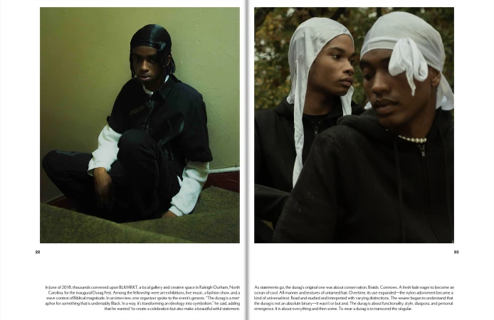 Two young Black men wearing durags in fashion editorial. One sits inside on stairs and the other outside in nature.