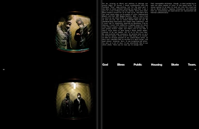 Double-page magazine spread featuring two black men wearing puffer jackets and face masks viewed through security camera lenses against a dark background.