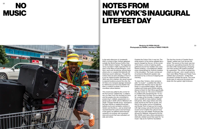 Print magazine spread titled Notes From New York's Inaugural Litefeet Day, showing a man pushing a speaker in a shopping cart.