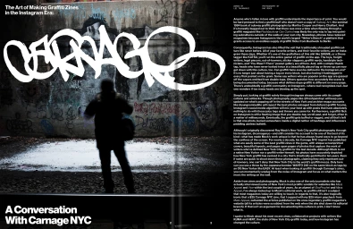 Editorial magazine spread titled A Conversation With Carnage NYC with graffiti photography and bold white tag lettering.